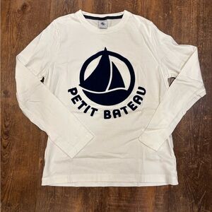 Petit Bateau White Long Sleeve Shirt with Navy Logo 140/10